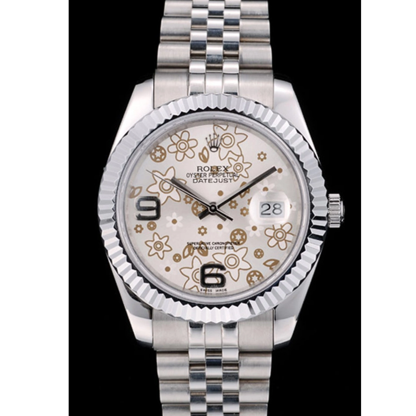 Aaa replica watch Bezel Dial Silver Flower Rolex Stainless DateJust 41983 Ribbed Steel 0605